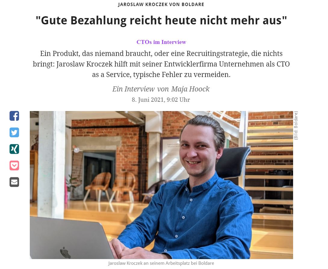 Ein häufiger Grund für gescheiterte Software-Projekte ist laut Studien, dass Kunden ein Produkt in Auftrag geben, das niemand braucht. Jaroslaw Kroczek und sein Team wollen solche Fehlschläge vermeiden und treten deswegen nicht nur als reine Entwickler auf, sondern auch als "CTO as a Service".