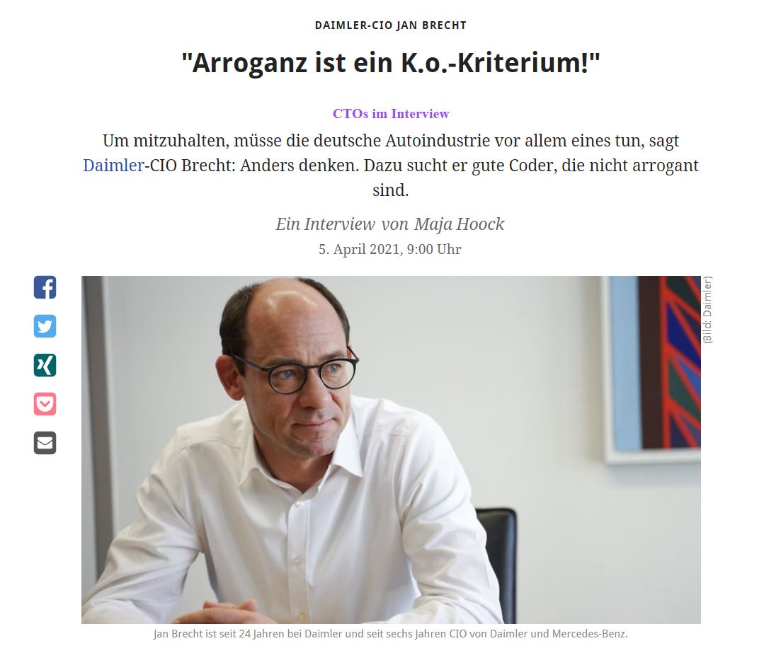 Daimler will mit Mercedes-Benz perspektivisch weg vom Verbrenner, zeitgemäßer werden und damit gewissermaßen Tesla einholen. Dafür gibt es ein strammes Programm, das unter anderem CIO Jan Brecht umsetzt.